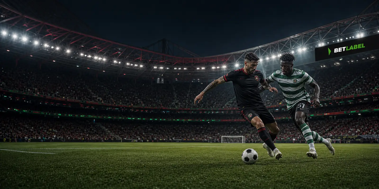 Futebolistas profissionais em ação num estádio português com o logótipo BetLabel