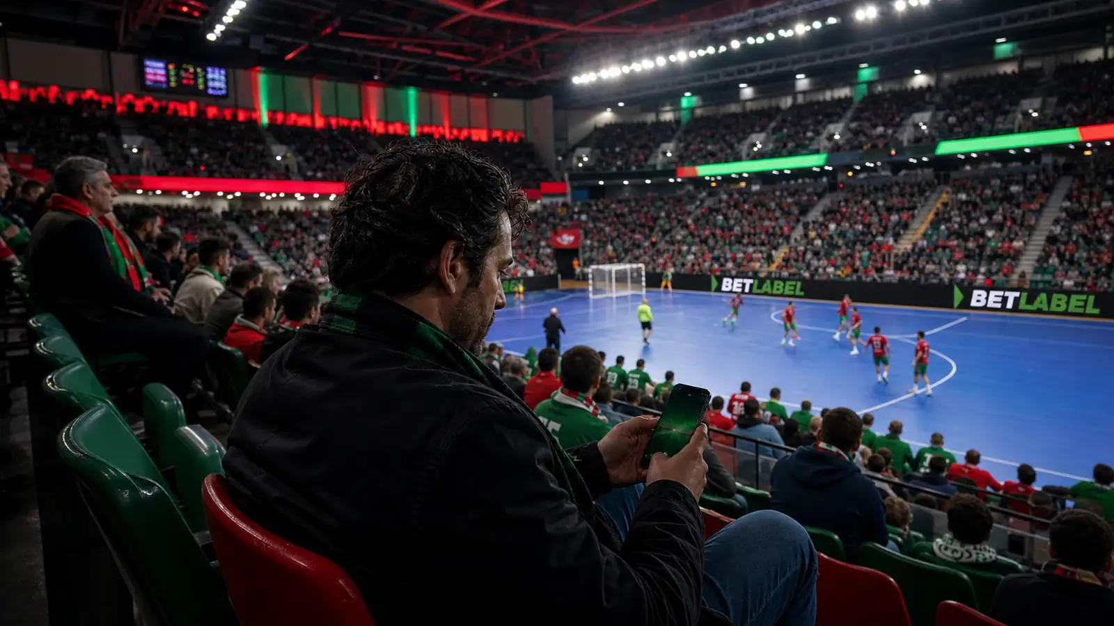Adepto usa a aplicação BetLabel durante uma partida de futebol ao vivo