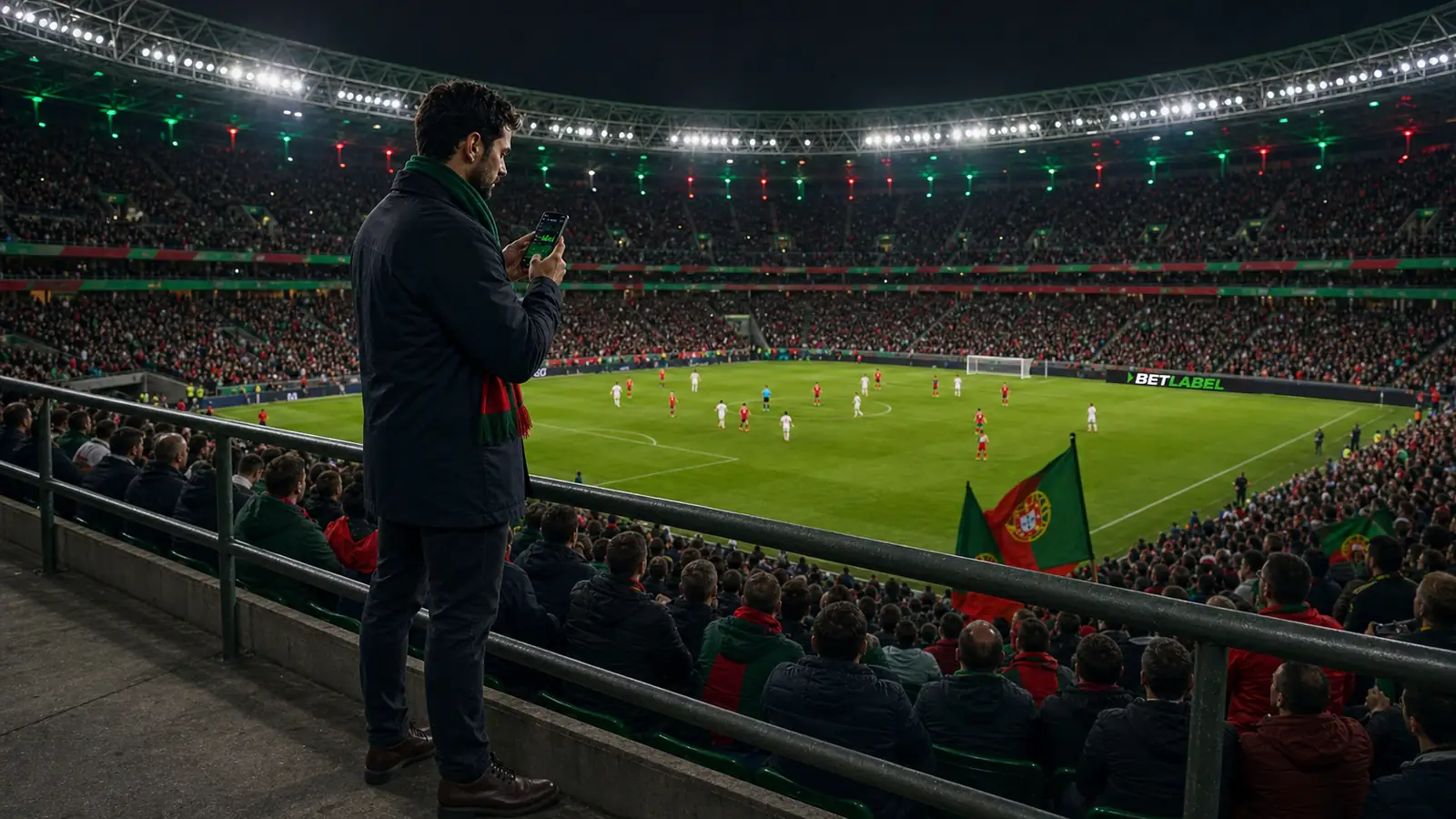 Adepto adulto acompanha uma partida ao vivo no smartphone com a marca BetLabel