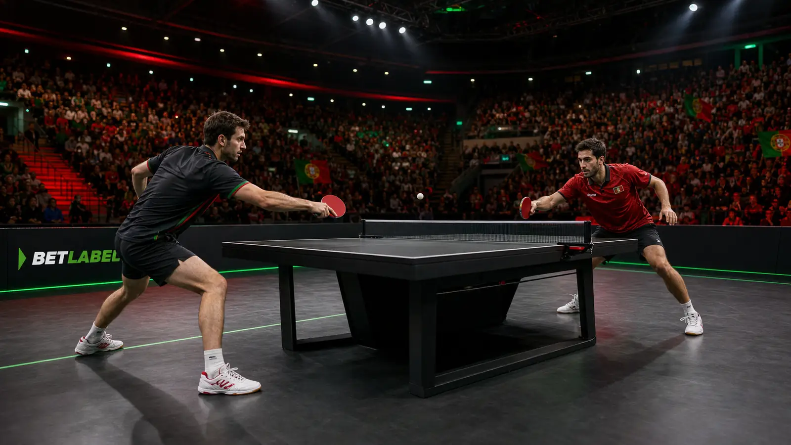 Jogadores adultos de ténis de mesa num torneio BetLabel em Portugal