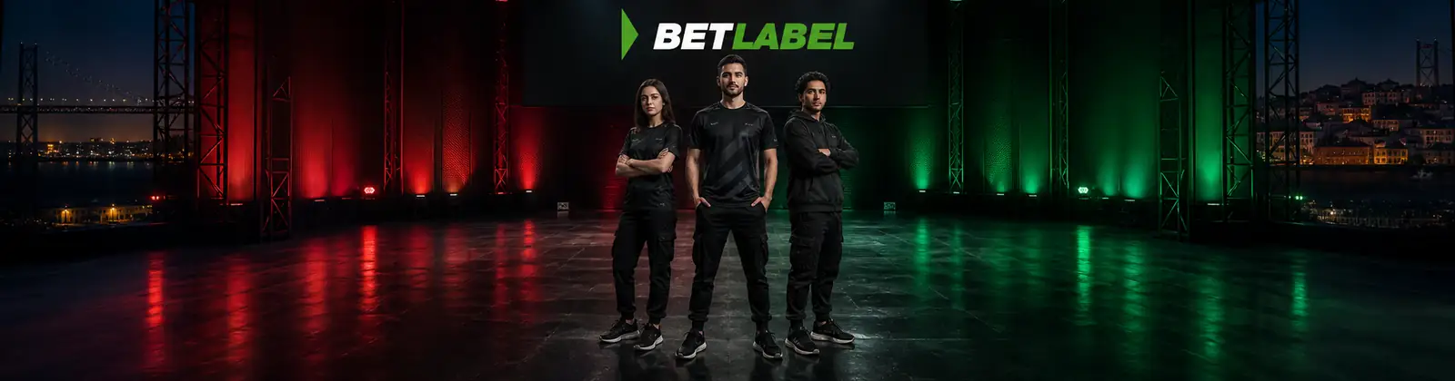 Atletas adultos de eSports ao centro de uma arena portuguesa com a marca BetLabel