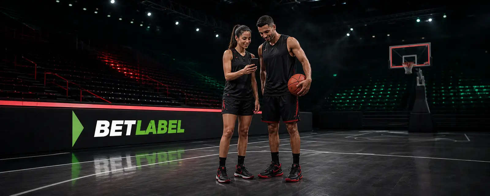 Basquetebolistas adultos com um smartphone e a marca BetLabel
