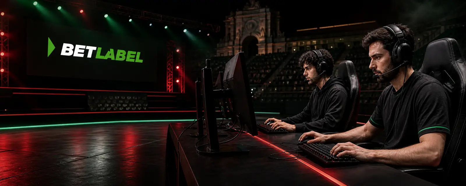 Atletas de eSports num palco português com a marca BetLabel