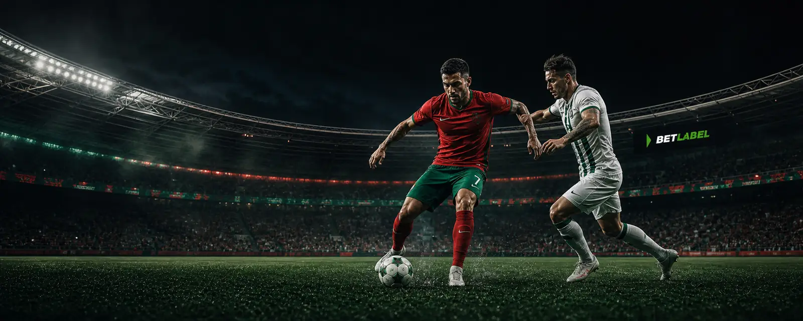 Futebolistas portugueses durante um jogo noturno com a marca BetLabel